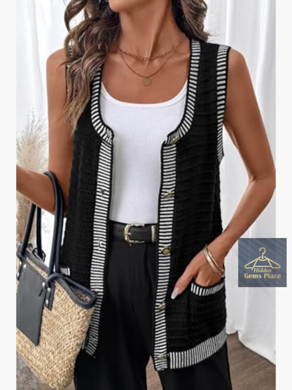 Sleeveless Button Down Cardigan with Pockets, V-Neck, Knit Sweater Vest - Picture 2 of 7